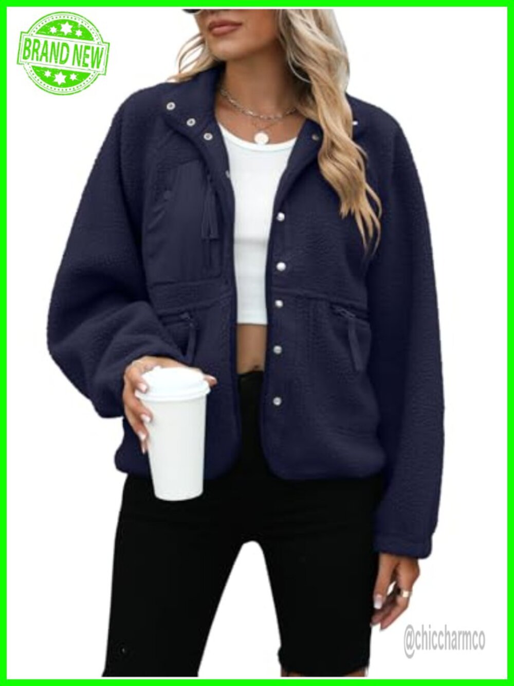 Womens Sherpa Fleece Button Down Jacket Oversized Fuzzy Crop Coat